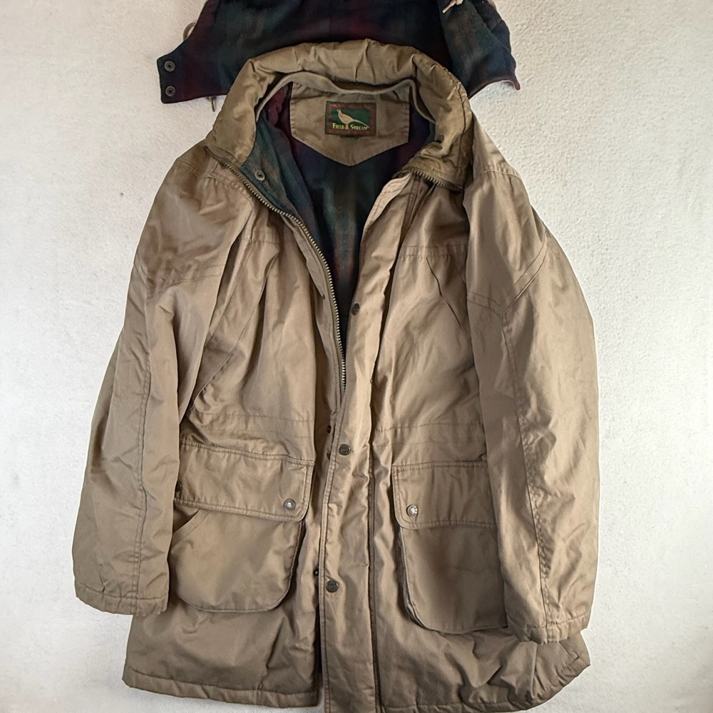 Field & Stream Vintage Men XL Long Tan Thinsulate Insulated Parka Hooded Jacket